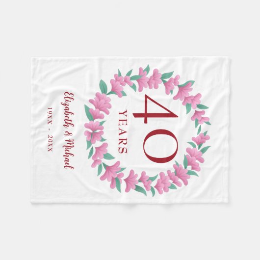 40e Jubileum Ruby Floral Pink Flowers Wreath Fleece Deken (Voorkant (Horizontaal))