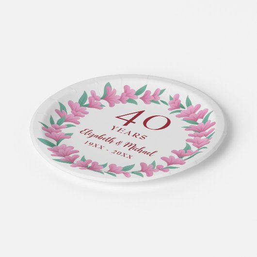 40e Jubileum Ruby Floral Pink Flowers Wreath Papieren Bordje (Gekanteld)