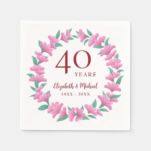 40e Jubileum Ruby Floral Pink Green Wreath Servet (Voorkant)