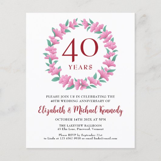40e Jubileum Ruby Floral Wreath Invitation (Voorkant)
