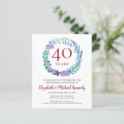 40e Jubileum Ruby Floral Wreath Invitation (Staand voorkant)