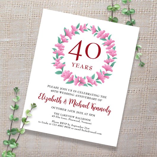 40e Jubileum Ruby Floral Wreath Invitation