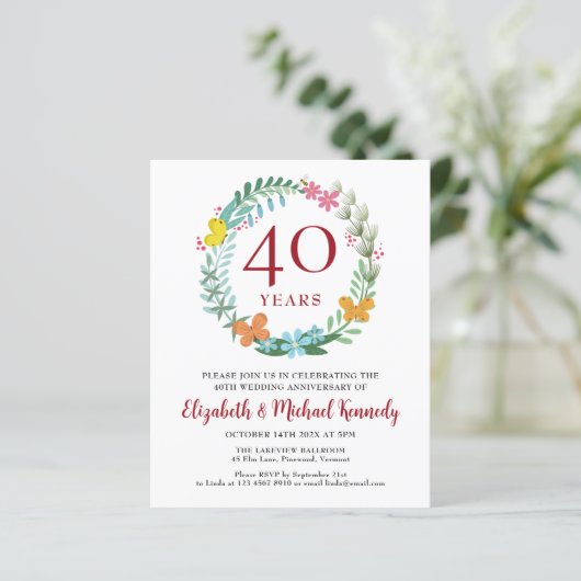 40e Jubileum Ruby Floral Wreath Invitation (Staand voorkant)