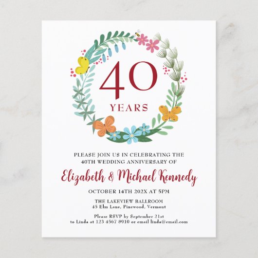 40e Jubileum Ruby Floral Wreath Invitation (Voorkant)