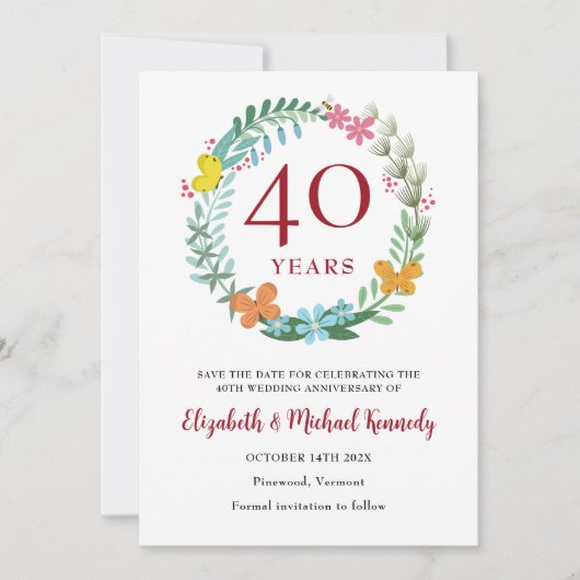 40e Jubileum Ruby Floral Wreath Save The Date (Voorkant)