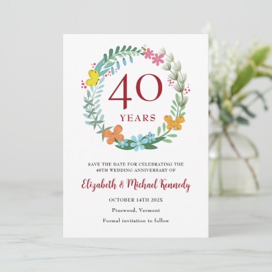 40e Jubileum Ruby Floral Wreath Save The Date (Staand voorkant)