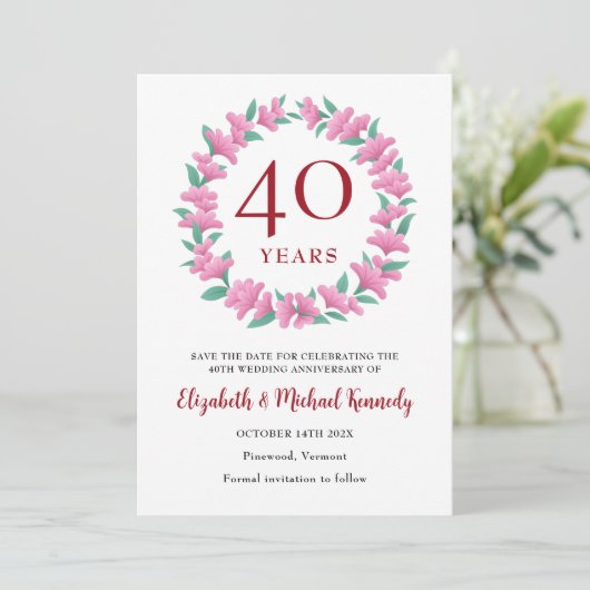 40e Jubileum Ruby Floral Wreath Save The Date (Staand voorkant)