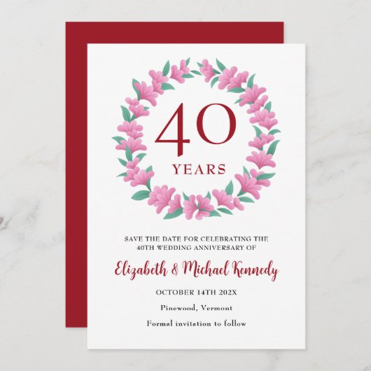 40e Jubileum Ruby Floral Wreath Save The Date (Voorkant / Achterkant)
