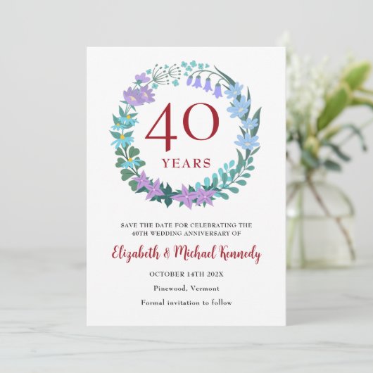 40e Jubileum Ruby Floral Wreath Save The Date (Staand voorkant)