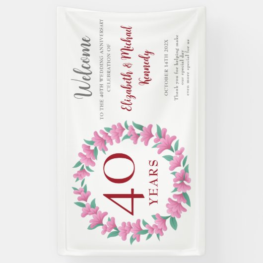 40e Jubileum Ruby Floral Wreath Wedding Spandoek (Verticaal)