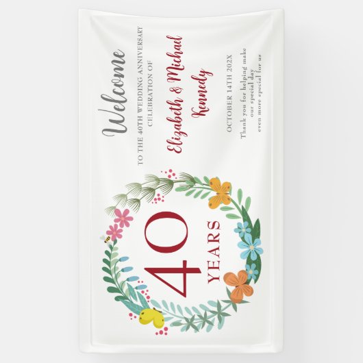 40e Jubileum Ruby Floral Wreath Wedding Spandoek (Verticaal)