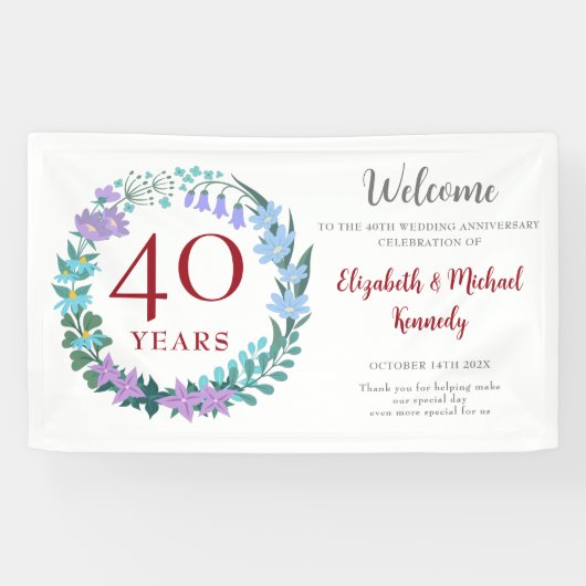 40e Jubileum Ruby Floral Wreath Wedding Spandoek (Horizontaal)