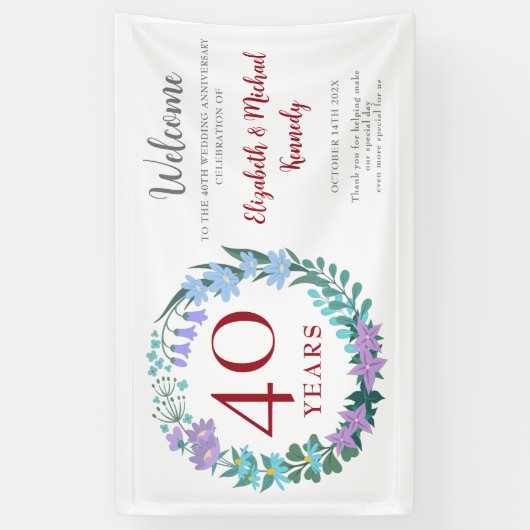 40e Jubileum Ruby Floral Wreath Wedding Spandoek (Verticaal)