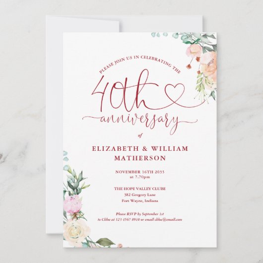 40e Jubileum Ruby Heart Bloemmonogram Kaart (Voorkant)