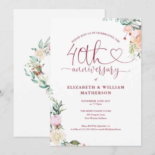 40e Jubileum Ruby Heart Bloemmonogram Kaart (Voorkant / Achterkant)