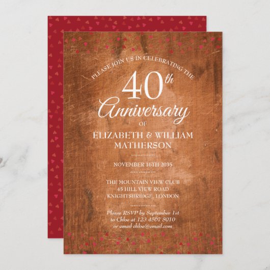 40e Jubileum Ruby Hearts Rustic  Wood Kaart (Voorkant / Achterkant)