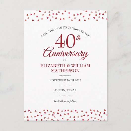 40e Jubileum Ruby Love Hearts Save the Date Aankondigingskaart (Voorkant)