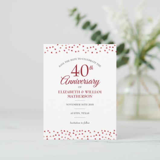 40e Jubileum Ruby Love Hearts Save the Date Aankondigingskaart (Staand voorkant)