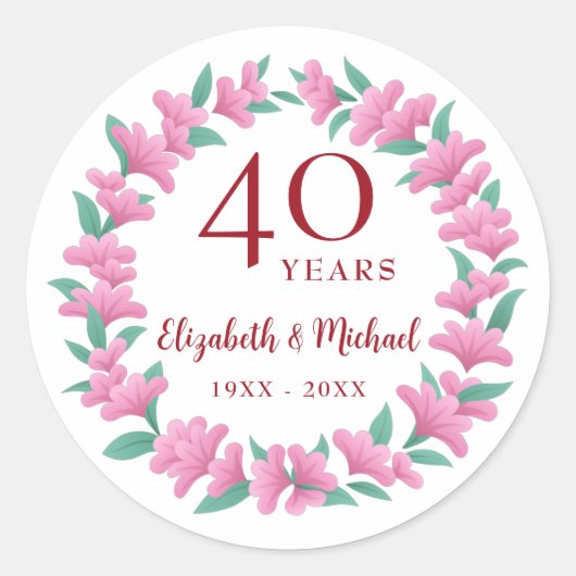 40e Jubileum Ruby Pink Green Floral Wreath Ronde Sticker (Voorkant)