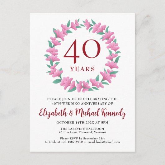 40e Jubileum Ruby Pink Green Wreath Invitation Briefkaart (Voorkant)