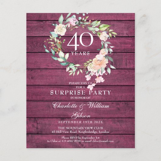 40e Jubileum Ruby Rustic Wood Floral Invite (Voorkant)