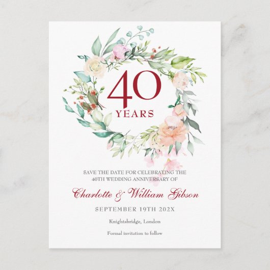 40e Jubileum Ruby Save the Date Rozen Garland Briefkaart (Voorkant)