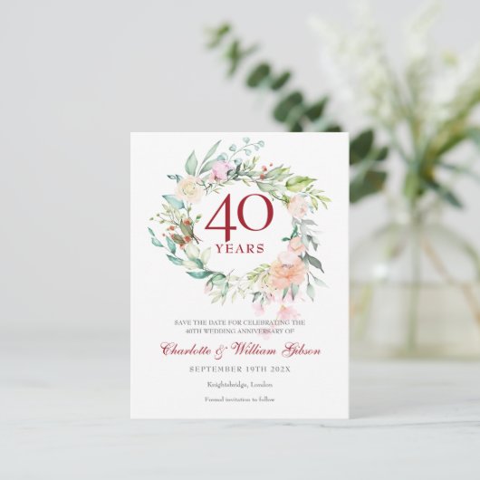 40e Jubileum Ruby Save the Date Rozen Garland Briefkaart (Staand voorkant)