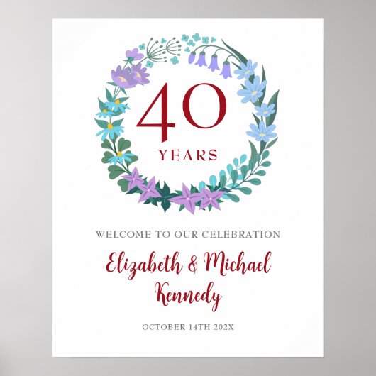 40e Jubileum Ruby Welkom Floral Wreath Sign Poster (Voorkant)