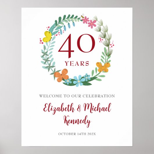 40e Jubileum Ruby Welkom Floral Wreath Sign Poster (Voorkant)