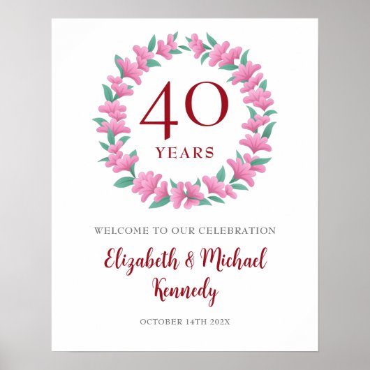 40e Jubileum Ruby Welkom Floral Wreath Sign Poster (Voorkant)