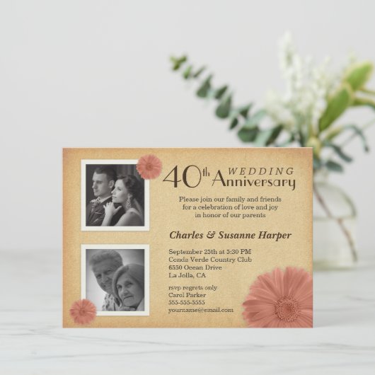 40e Jubileum Rustic Daisy Photo Invitations Kaart (Staand voorkant)