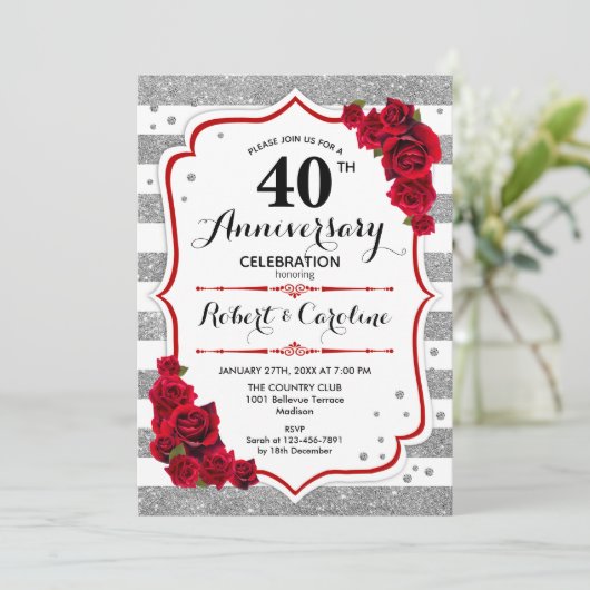 40e Jubileum - Silver White Red Roses Kaart (Staand voorkant)