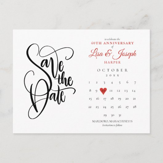 40e Jubileum Sla de datum-kalender-ruby hart op Aankondigingskaart (Voorkant)