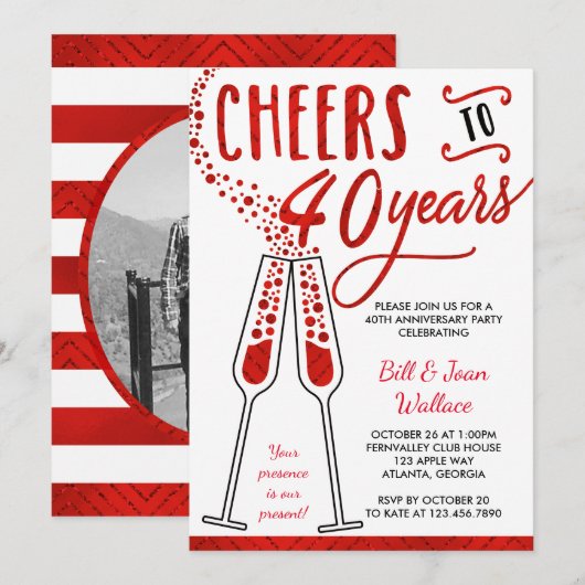 40e Jubileum Uitnodiging, Faux Glitter/Folie Kaart (Voorkant / Achterkant)