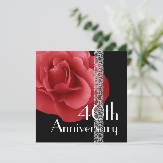 40e Jubileum Uitnodiging - RED Rose Silver Lace (Staand voorkant)
