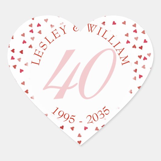 40e Jubileum van het huwelijk Ruby Hearts Confetti Hart Sticker (Voorkant)