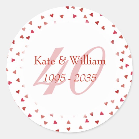 40e Jubileum van het huwelijk Ruby Hearts Confetti Ronde Sticker (Voorkant)