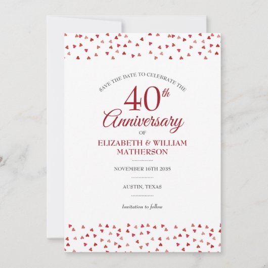 40e Jubileum van het huwelijk Ruby Love Hearts Save The Date (Voorkant)