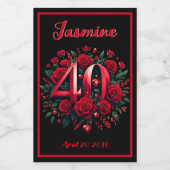 40e Jubileum/Verjaardags Harten & Rode Rozen Wijn Etiket (Enkel label)