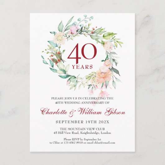 40e Jubileum voor bruiloft Ruby Floral Garland Uitnodiging Briefkaart (Voorkant)