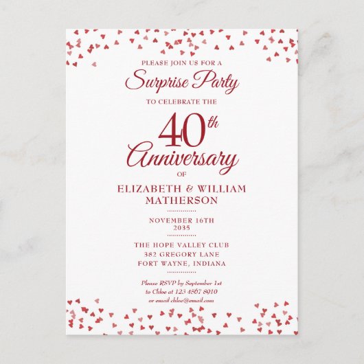 40e Jubileum voor bruiloft Ruby Heart Surprise Par Aankondigingskaart (Voorkant)