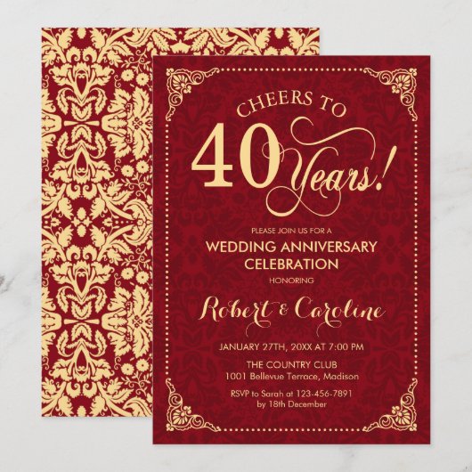40e Jubileum voor bruiloft - Ruby Red Gold Damask Kaart (Voorkant / Achterkant)