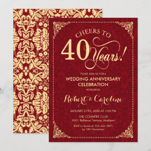 40e Jubileum voor bruiloft - Ruby Red Gold Damask Kaart