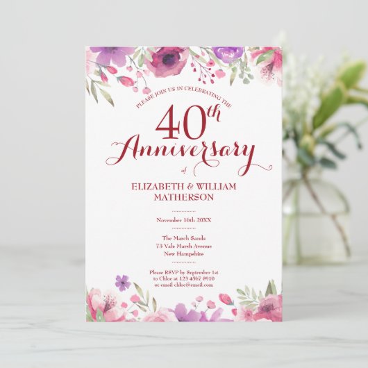 40e Jubileum Waterverf van het Ruby Wedding Floral Kaart (Staand voorkant)