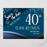 40e klas reünie Elegant blauw Folie Feestdagen Briefkaart<br><div class="desc">Bewaar de datum middelbare school of klasse reünie briefkaarten. Alle tekst is aanpasbaar Klasse banners zijn ook te vinden in mijn winkel.</div>