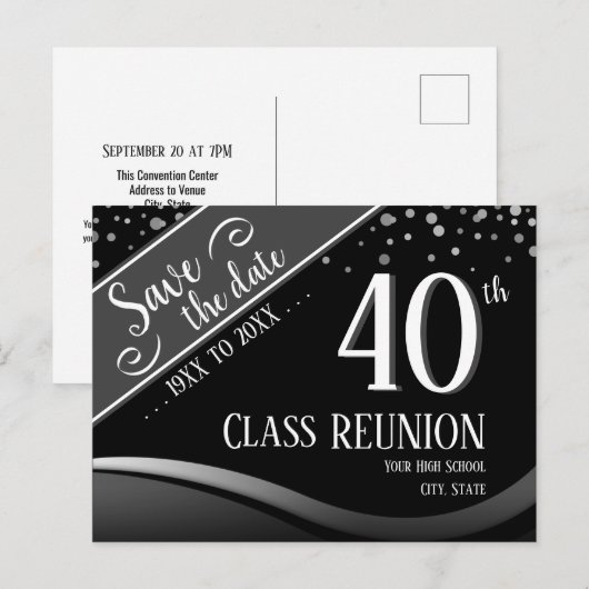 40e klas reünie Elegant zwart Aankondigingskaart (Voorkant / Achterkant)