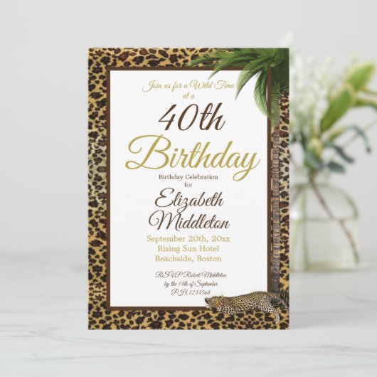 40e luipaard printpalm Wild Birthday Kaart (Staand voorkant)