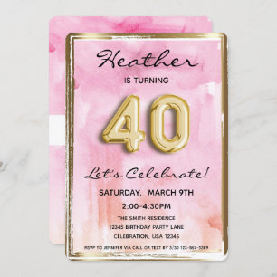 40e meisje: Birthday Pink en Gold Kaart