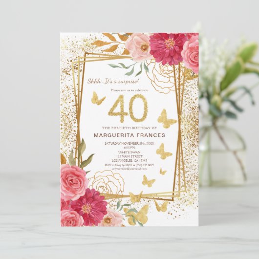 40e mijlpaal Roos gouden glitter veertig verjaarda Kaart (Staand voorkant)