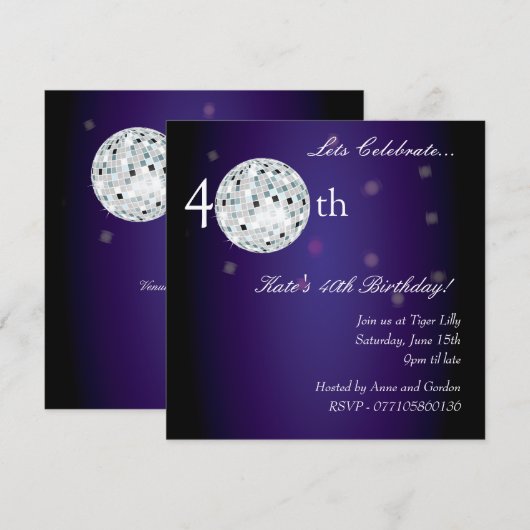 40e Paarse uitnodiging van Disco Ball Party (Voorkant / Achterkant)